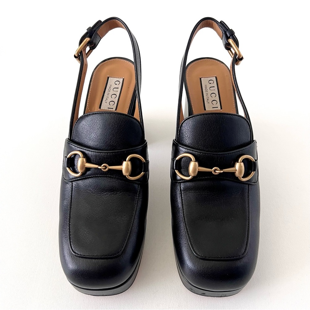 GUCCI | Horsebit SlingBack Retro Chunky Platform Loafers Black Leather EU 38 - Picture 3 of 13